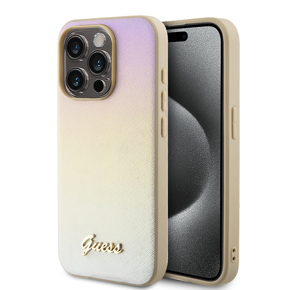 Étui pour Apple iPhone 15 Pro Max, Guess, Saffiano Iridescent Script, Doré