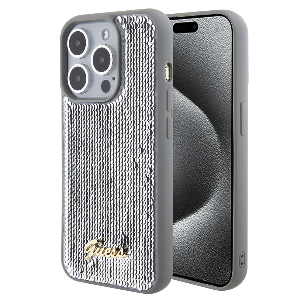 Étui pour Apple iPhone 15 Pro Max, Guess, Sequin Script Metal, Argenté