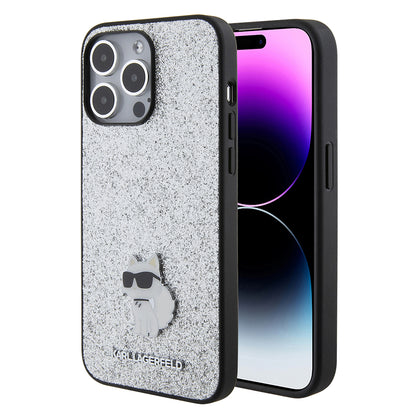 Housse pour Apple iPhone 15 Pro Max, Karl Lagerfeld, Glitter Fixed Choupette Logo, Argentée.