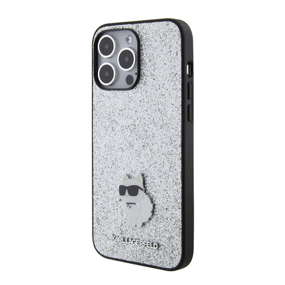 Housse pour Apple iPhone 15 Pro Max, Karl Lagerfeld, Glitter Fixed Choupette Logo, Argentée.