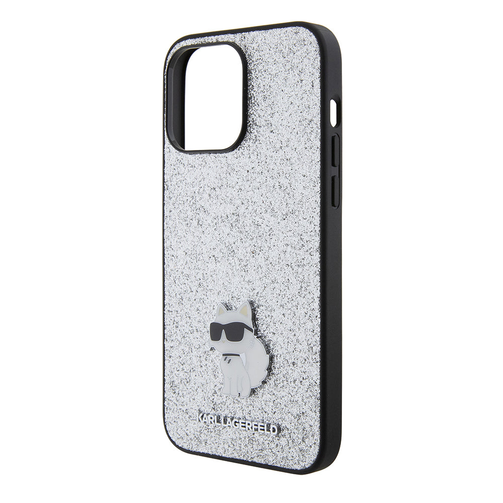 Housse pour Apple iPhone 15 Pro Max, Karl Lagerfeld, Glitter Fixed Choupette Logo, Argentée.