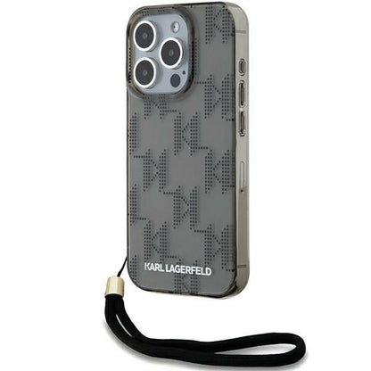Case for Apple iPhone 15 Pro Max, Karl Lagerfeld, IML Luxury Monogram KL Pattern with Strap, Black