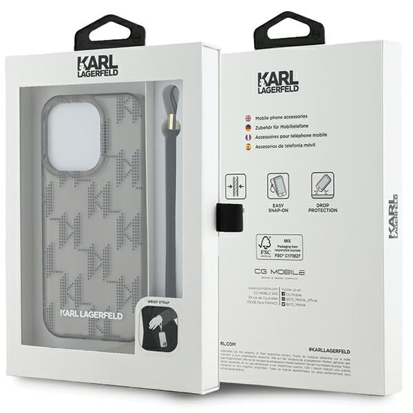 Case for Apple iPhone 15 Pro Max, Karl Lagerfeld, IML Luxury Monogram KL Pattern with Strap, Black