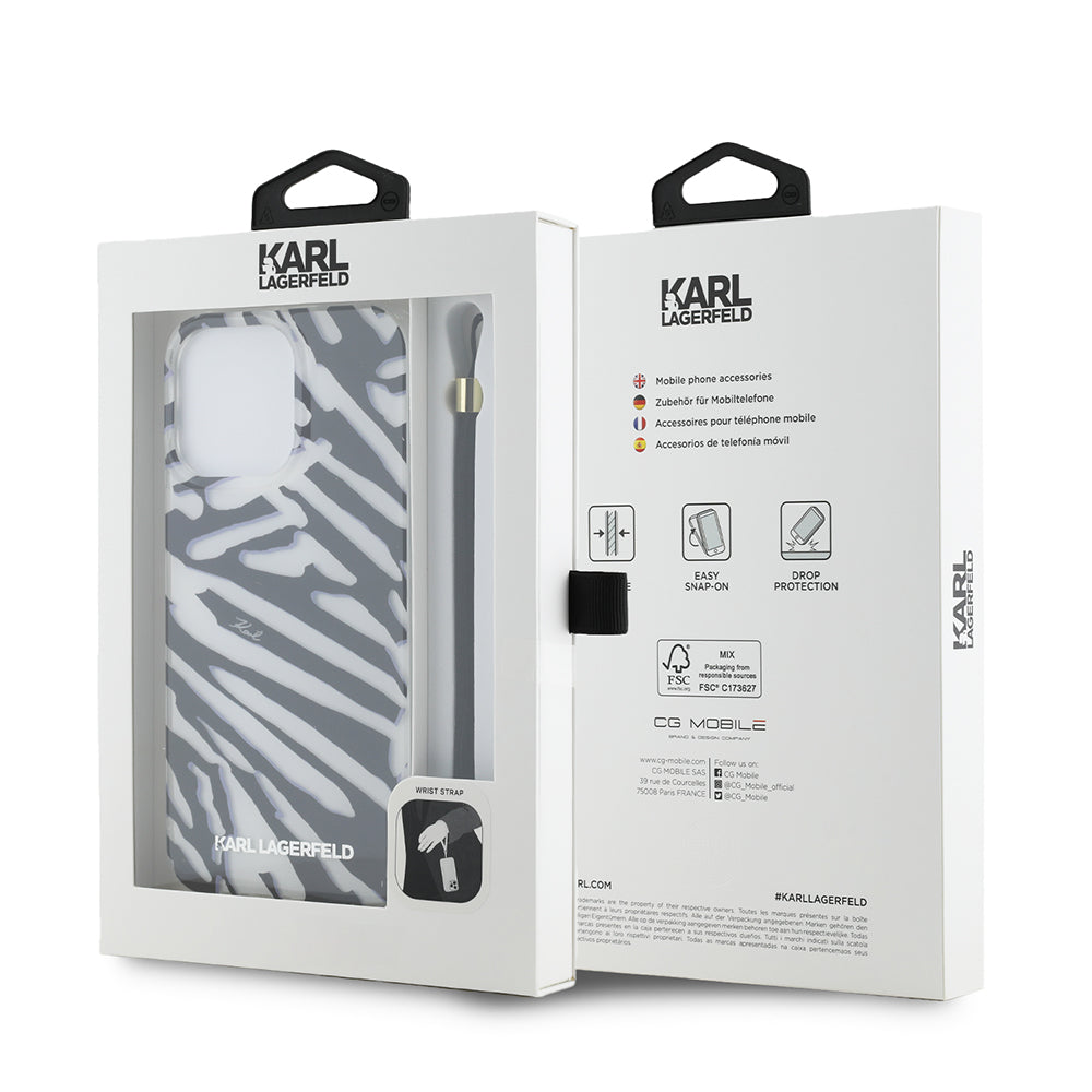 Custodia per Apple iPhone 15 Pro Max, Karl Lagerfeld, IML Luxury Zebra Pattern con Cinturino, Nera