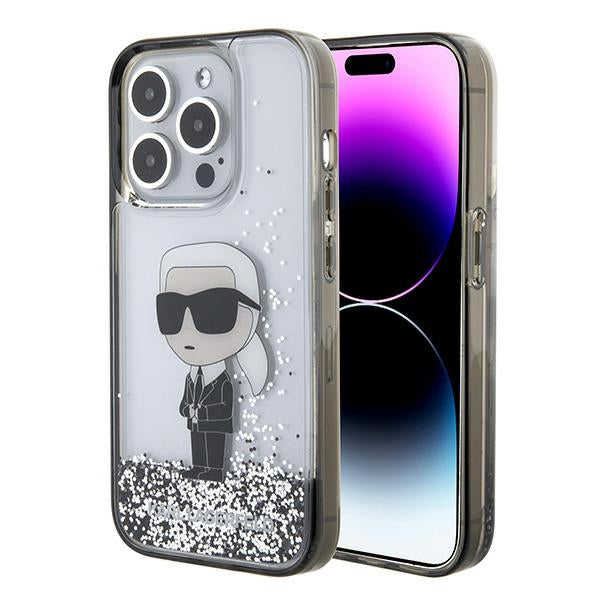 Custodia per Apple iPhone 15 Pro Max, Karl Lagerfeld, Liquid Glitter Ikonik Karl, Trasparente