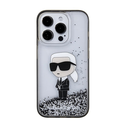 Custodia per Apple iPhone 15 Pro Max, Karl Lagerfeld, Liquid Glitter Ikonik Karl, Trasparente