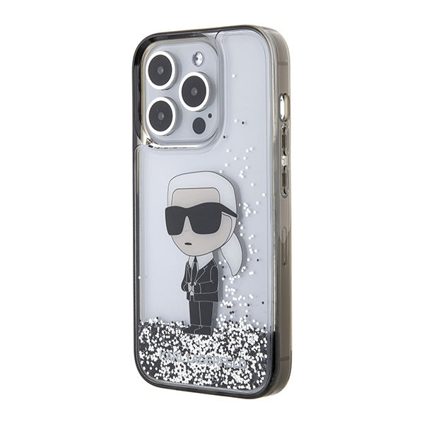 Custodia per Apple iPhone 15 Pro Max, Karl Lagerfeld, Liquid Glitter Ikonik Karl, Trasparente