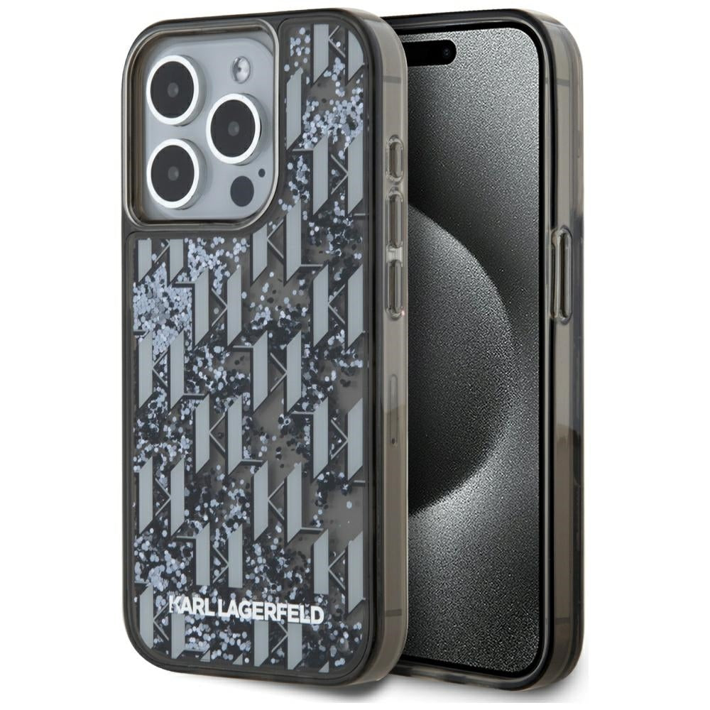 Étui pour Apple iPhone 15 Pro Max, Karl Lagerfeld, Monogramme à Paillettes Liquides, Noir