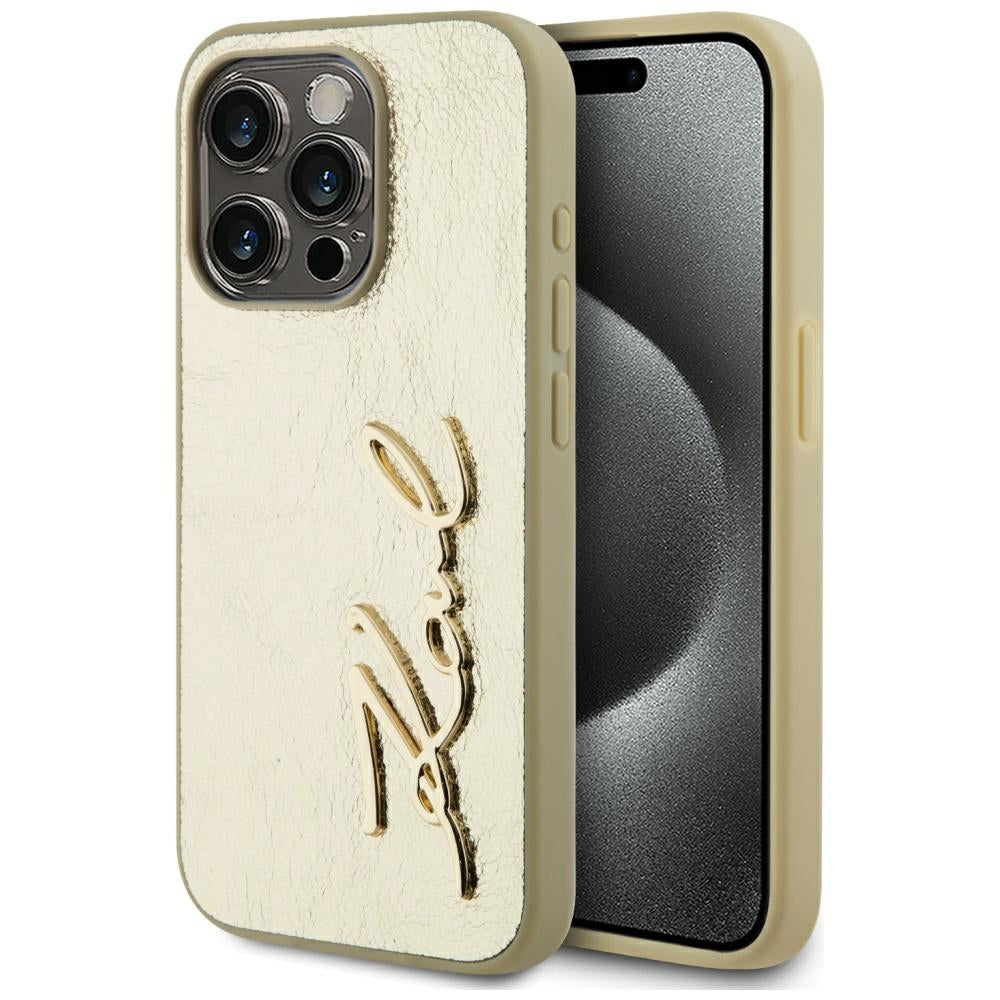 Hülle für Apple iPhone 15 Pro Max, Karl Lagerfeld, Metal Signature, Goldfarben