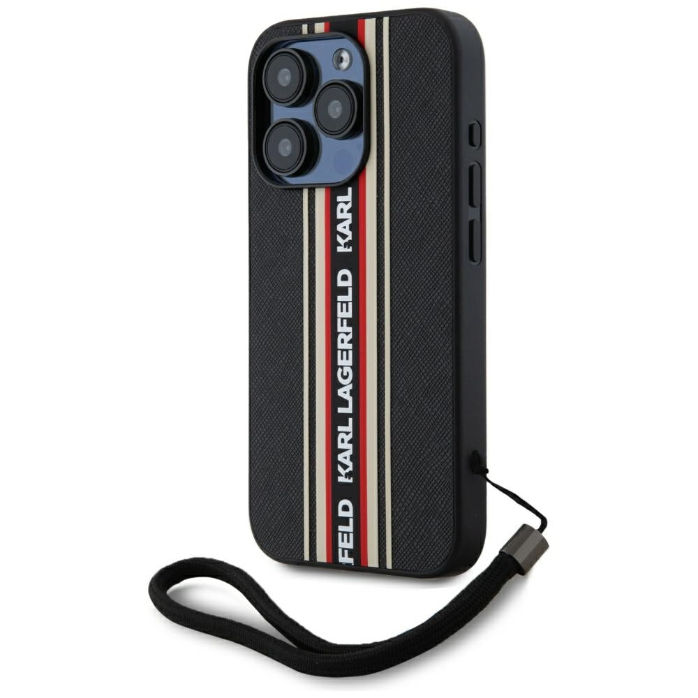 Custodia per Apple iPhone 15 Pro Max, Karl Lagerfeld, Saffiano Athleisure Stripes with Strap, Rosie