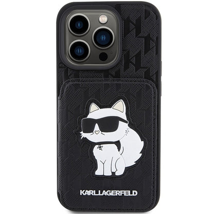 Étui pour Apple iPhone 15 Pro Max, Karl Lagerfeld, Saffiano Cardslots and Stand Monogram Choupette, Noir
