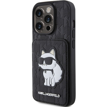 Étui pour Apple iPhone 15 Pro Max, Karl Lagerfeld, Saffiano Cardslots and Stand Monogram Choupette, Noir