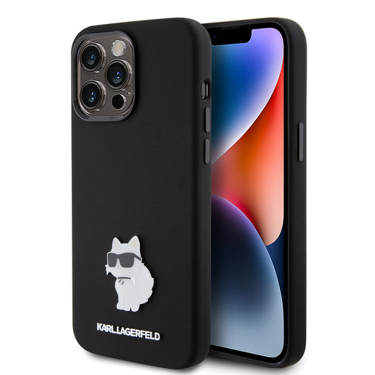 Hülle für Apple iPhone 15 Pro Max, Karl Lagerfeld, Silicone Choupette Metal, Schwarz