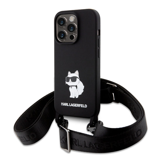 Hülle für Apple iPhone 15 Pro Max, Karl Lagerfeld, Silicone Crossbody Choupette, Schwarz
