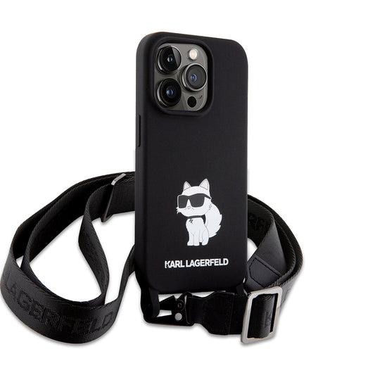 Hülle für Apple iPhone 15 Pro Max, Karl Lagerfeld, Silicone Crossbody Choupette, Schwarz