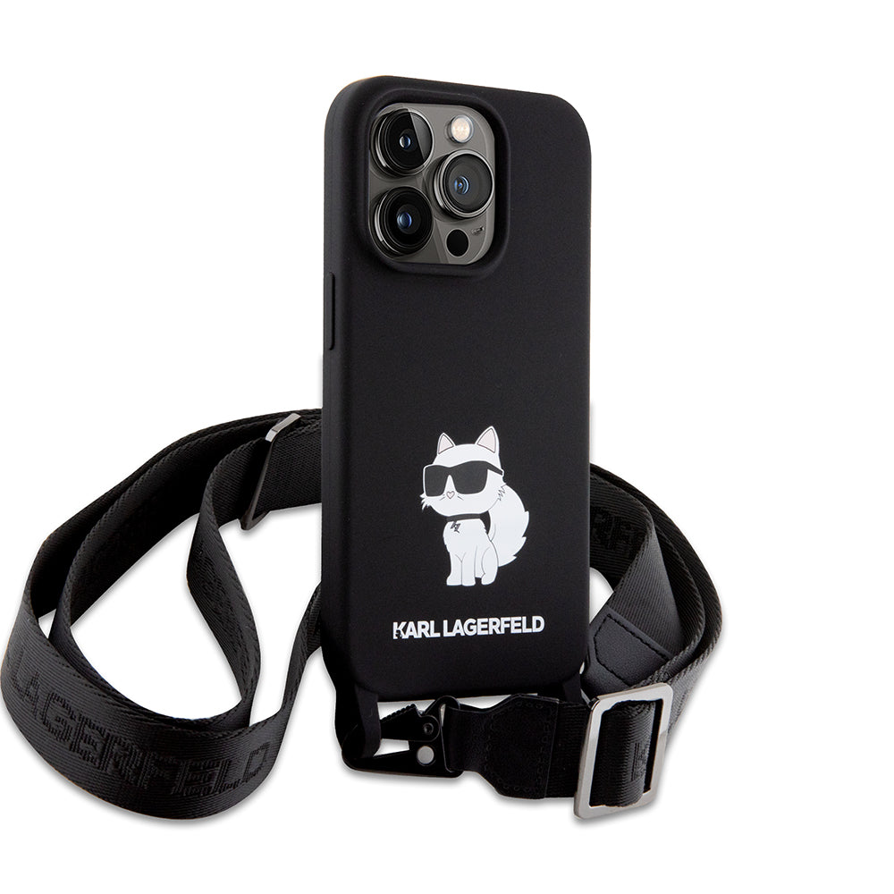 Étui pour Apple iPhone 15 Pro Max, Karl Lagerfeld, Silicone Crossbody Ikonik Karl, Noir