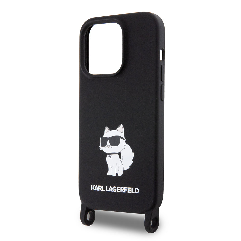 Étui pour Apple iPhone 15 Pro Max, Karl Lagerfeld, Silicone Crossbody Ikonik Karl, Noir