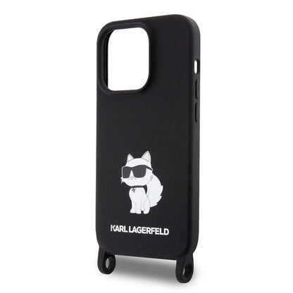 Étui pour Apple iPhone 15 Pro Max, Karl Lagerfeld, Silicone Crossbody Ikonik Karl, Noir