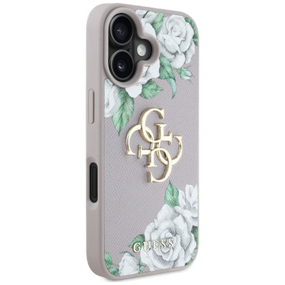 Custodia per Apple iPhone 16, Guess, 4G Grained Roses Big Logo, Viola