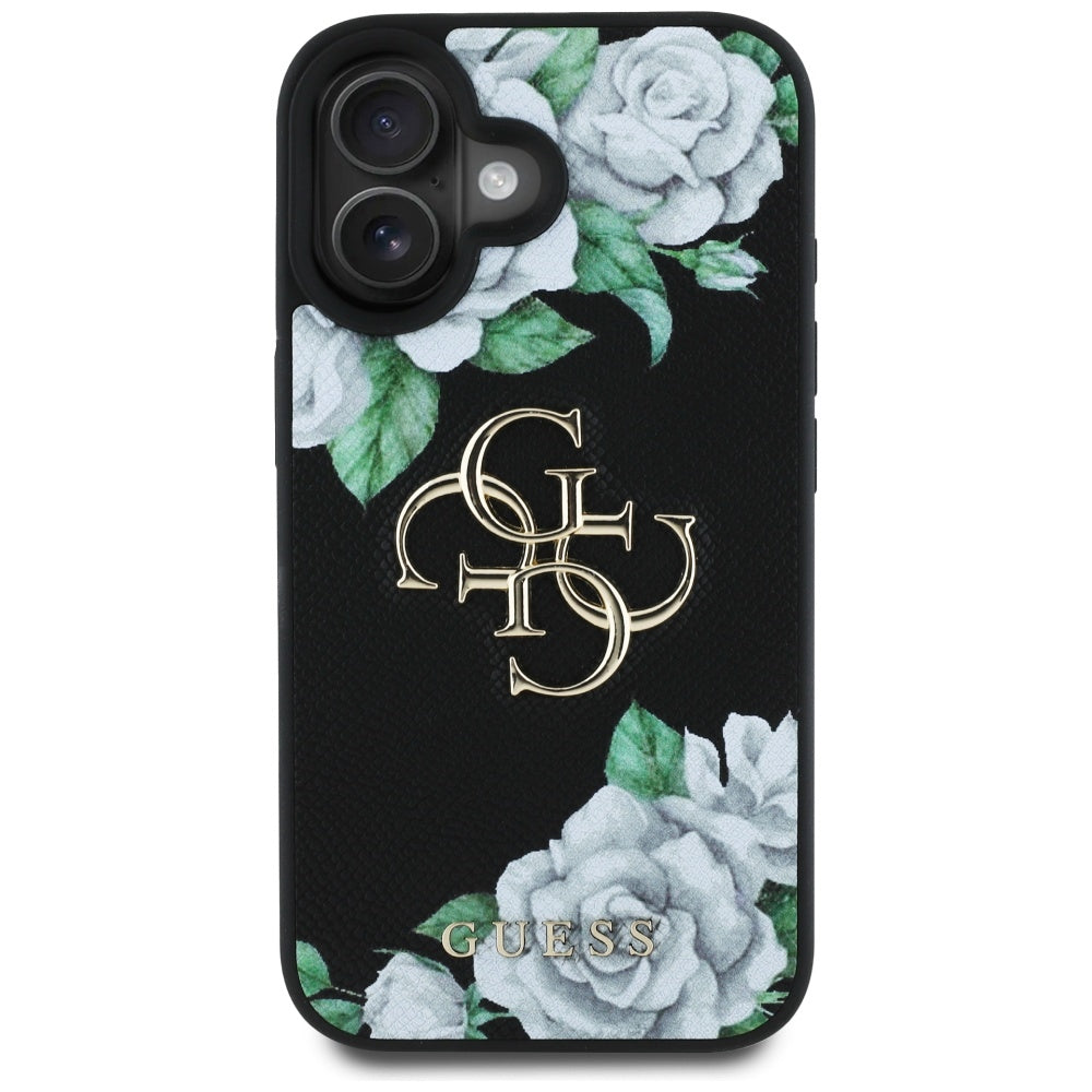 Custodia per Apple iPhone 16, Guess, 4G Grained Roses Big Logo, Nera