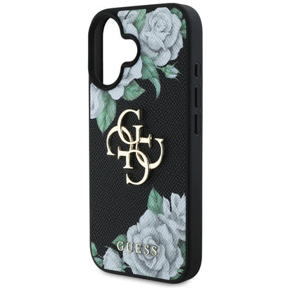 Custodia per Apple iPhone 16, Guess, 4G Grained Roses Big Logo, Nera