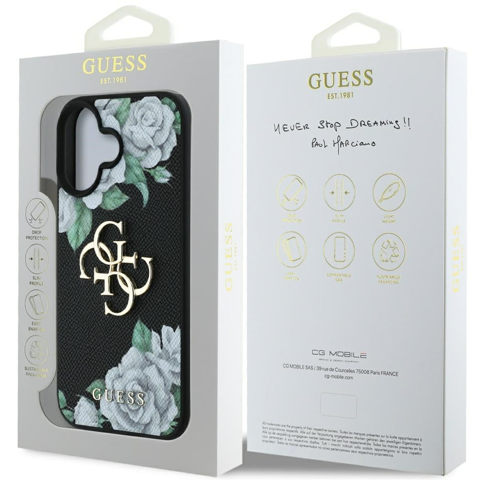 Custodia per Apple iPhone 16, Guess, 4G Grained Roses Big Logo, Nera