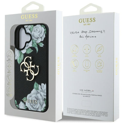 Custodia per Apple iPhone 16, Guess, 4G Grained Roses Big Logo, Nera