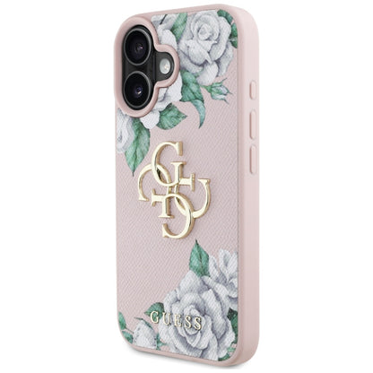 Custodia per Apple iPhone 16, Guess, 4G Grained Roses Big Logo, Rosa