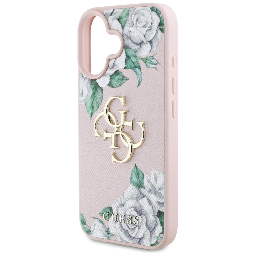 Custodia per Apple iPhone 16, Guess, 4G Grained Roses Big Logo, Rosa