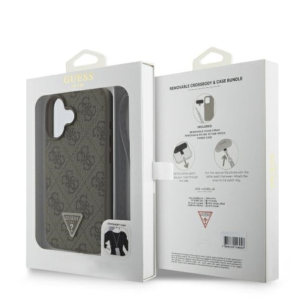 Custodia per Apple iPhone 16, Guess, Crossbody 4G Triangle Strass, Marrone