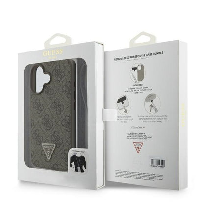 Custodia per Apple iPhone 16, Guess, Crossbody 4G Triangle Strass, Marrone