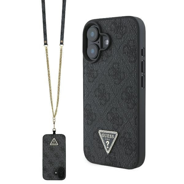 Custodia per Apple iPhone 16, Guess, Crossbody 4G Triangle Strass, Nera