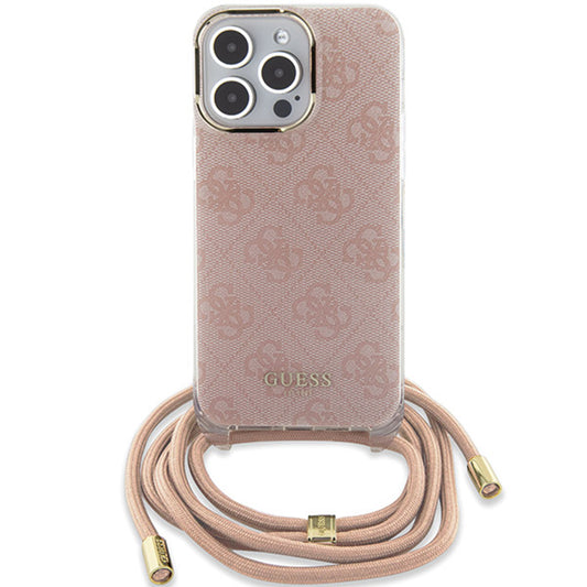 Hülle für Apple iPhone 16, Guess, Crossbody Cord 4G Print, Rosa