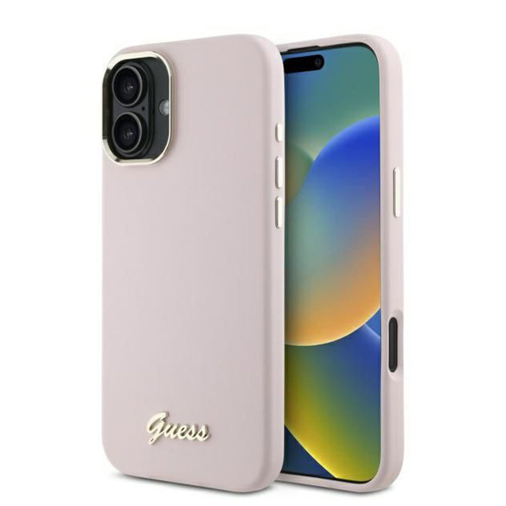 Hülle für Apple iPhone 16, Guess, Script Metal Logo & Rahmen, Rosa