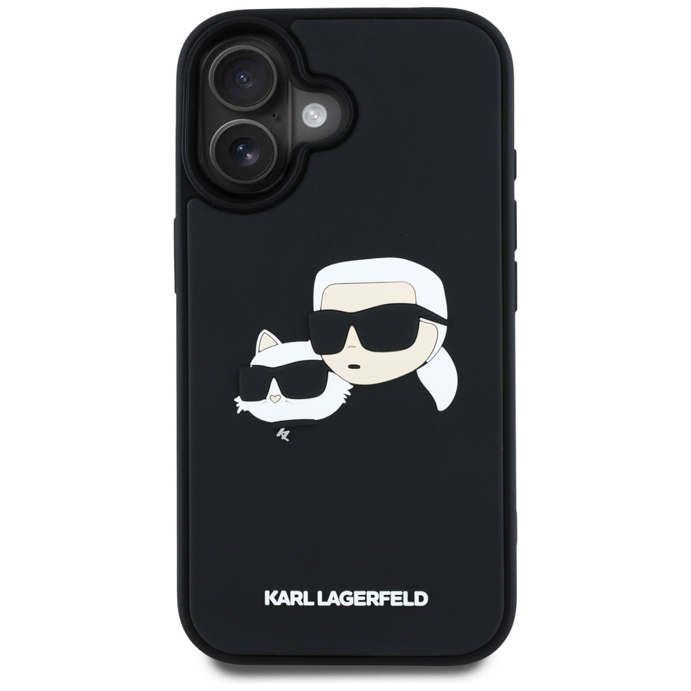 Étui pour Apple iPhone 16, Karl Lagerfeld, 3D Rubber Karl & Choupette, Noir