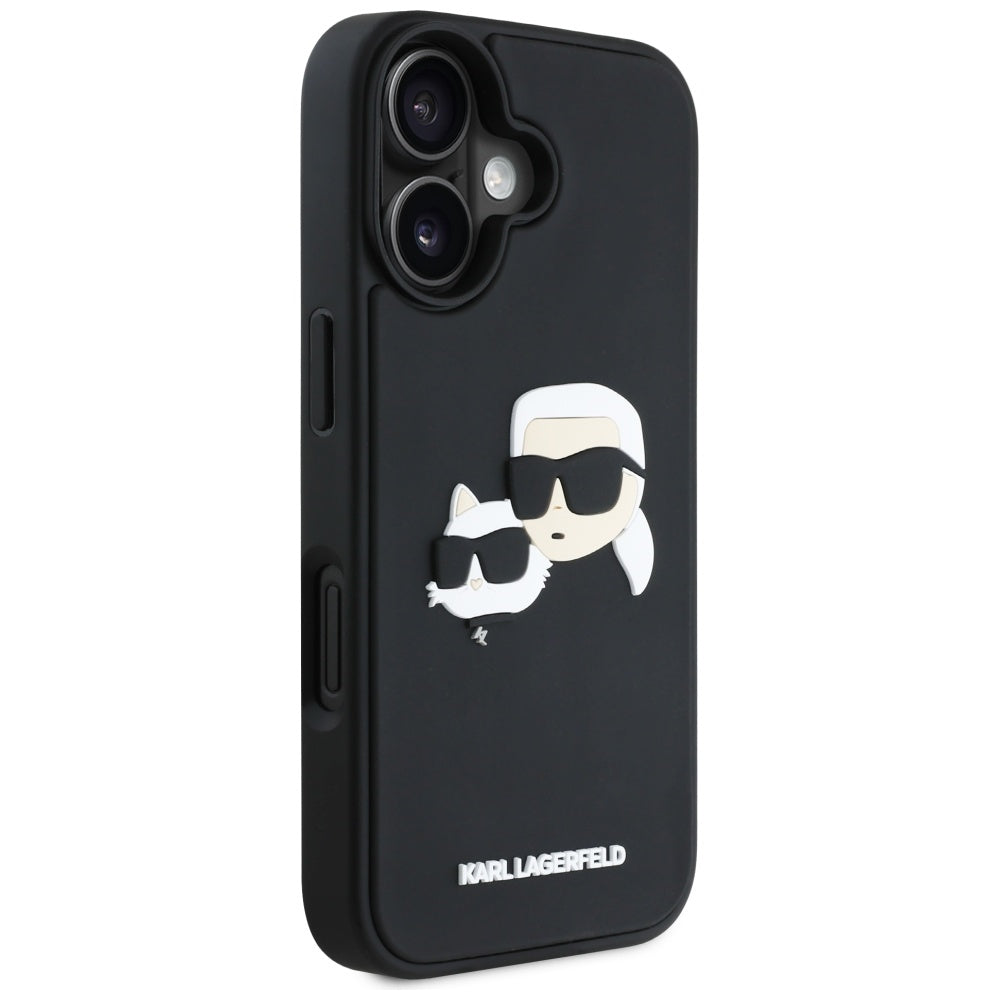 Étui pour Apple iPhone 16, Karl Lagerfeld, 3D Rubber Karl & Choupette, Noir