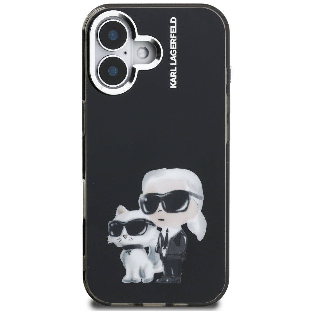 Custodia per Apple iPhone 16, Karl Lagerfeld, IML Aquarelle Logo Karl & Choupette, Nera