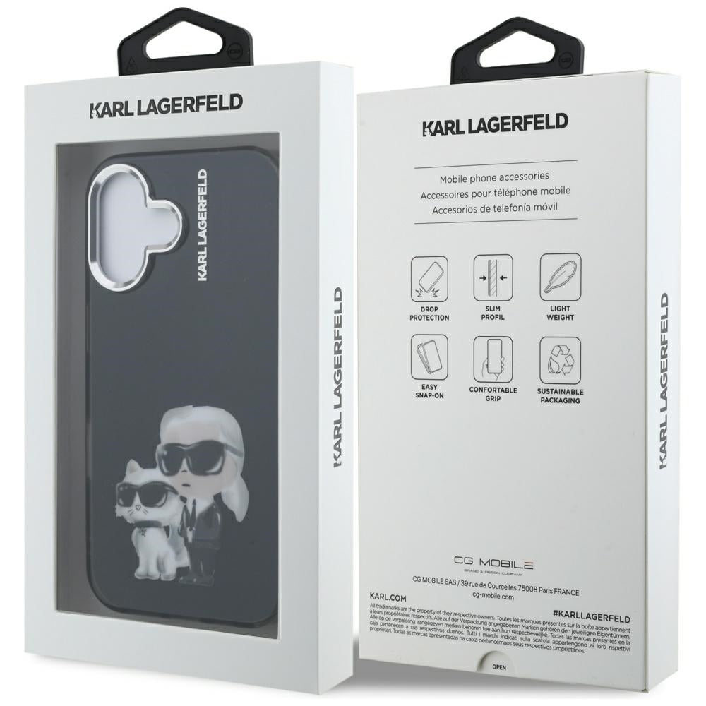 Custodia per Apple iPhone 16, Karl Lagerfeld, IML Aquarelle Logo Karl & Choupette, Nera