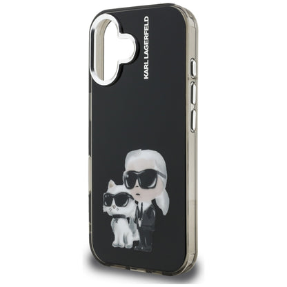 Custodia per Apple iPhone 16, Karl Lagerfeld, IML Aquarelle Logo Karl & Choupette, Nera