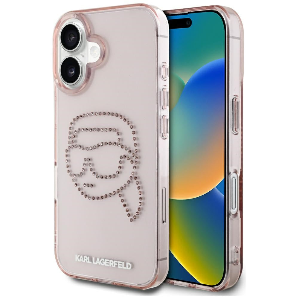 Custodia per Apple iPhone 16, Karl Lagerfeld, IML Rhinestones Karl's Head, Rosa
