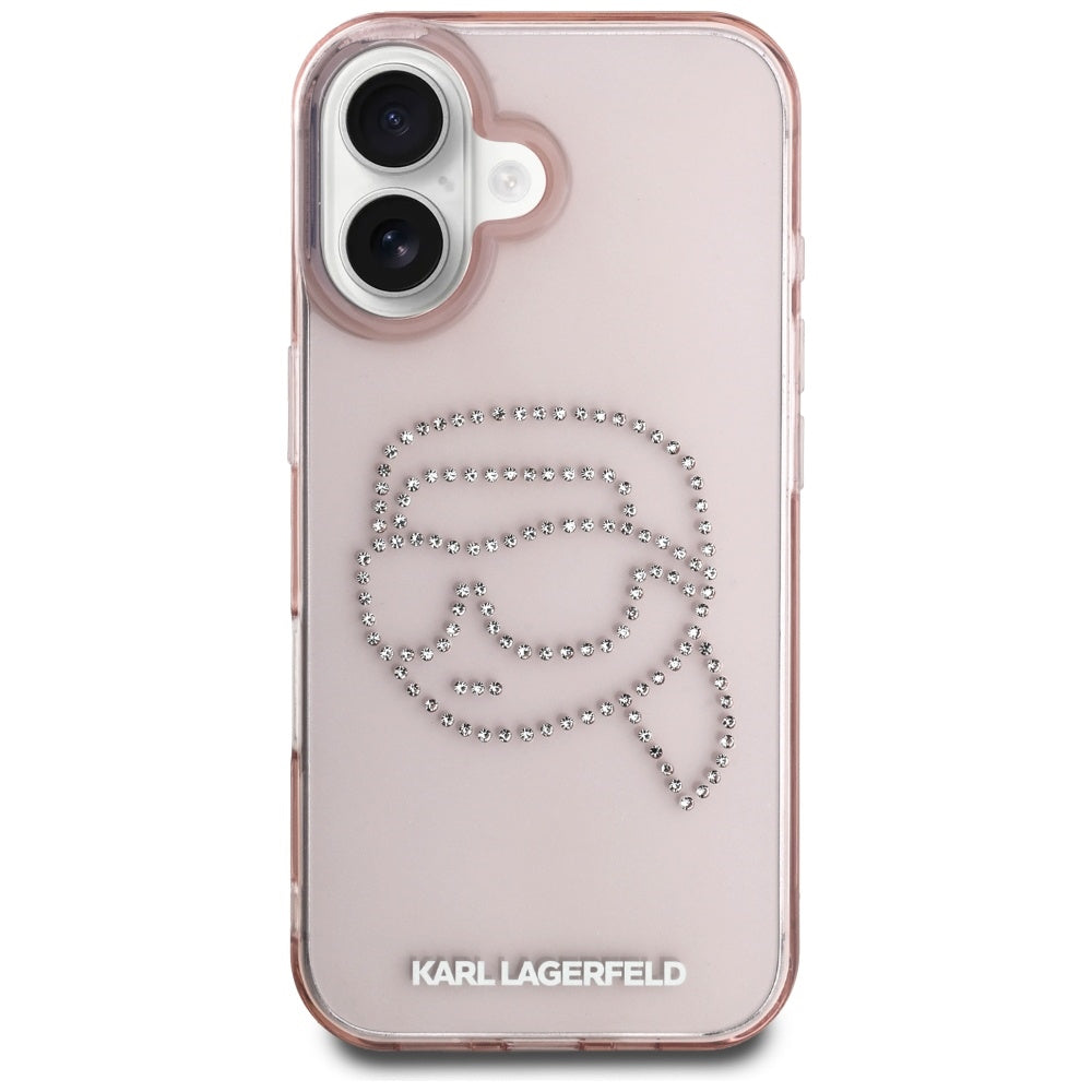 Custodia per Apple iPhone 16, Karl Lagerfeld, IML Rhinestones Karl's Head, Rosa
