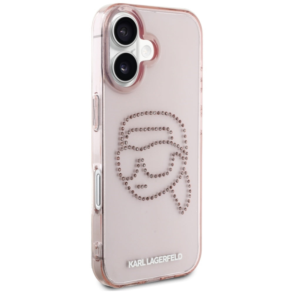 Custodia per Apple iPhone 16, Karl Lagerfeld, IML Rhinestones Karl's Head, Rosa