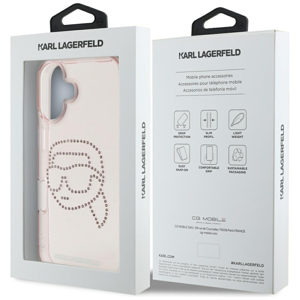 Custodia per Apple iPhone 16, Karl Lagerfeld, IML Rhinestones Karl's Head, Rosa