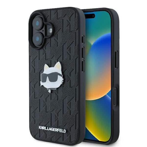 Custodia per Apple iPhone 16, Karl Lagerfeld, Monogram Choupette's Head, Nera