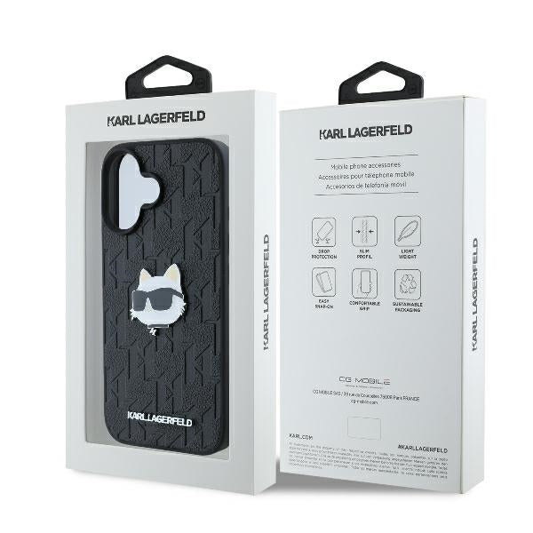 Custodia per Apple iPhone 16, Karl Lagerfeld, Monogram Choupette's Head, Nera