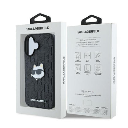 Custodia per Apple iPhone 16, Karl Lagerfeld, Monogram Choupette's Head, Nera