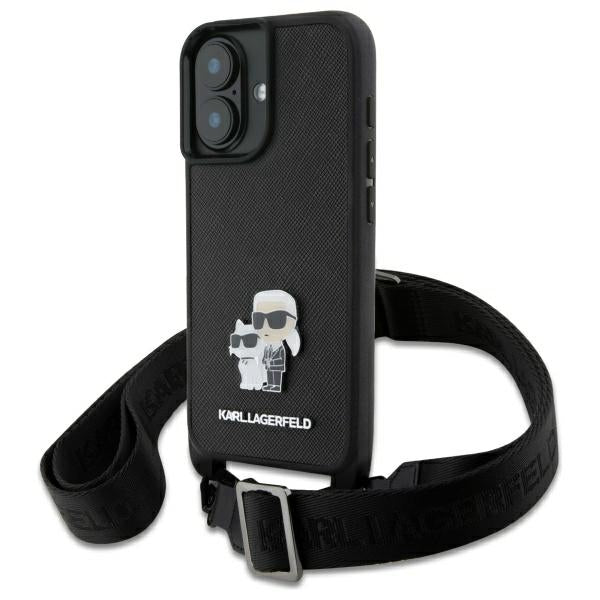 Étui pour Apple iPhone 16, Karl Lagerfeld, Saffiano Crossbody Metal Pin Karl & Choupette, Blanc