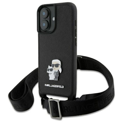 Étui pour Apple iPhone 16, Karl Lagerfeld, Saffiano Crossbody Metal Pin Karl & Choupette, Blanc