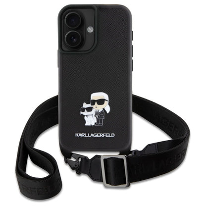 Étui pour Apple iPhone 16, Karl Lagerfeld, Saffiano Crossbody Metal Pin Karl & Choupette, Blanc