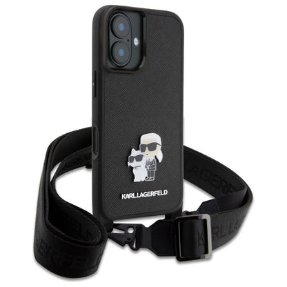 Étui pour Apple iPhone 16, Karl Lagerfeld, Saffiano Crossbody Metal Pin Karl & Choupette, Blanc